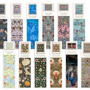 Può includere: Una collezione di segnalibri William Morris con vari disegni floreali e ispirati alla natura. Ogni segnalibro mostra un motivo diverso, con colori che vanno dal blu e verde al rosa e oro. I segnalibri sono rettangolari, con un'immagine incorniciata in alto e testo in basso.