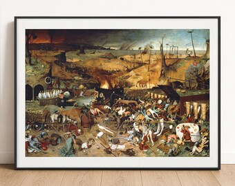 Peut inclure: Une impression d'art encadrée représentant une peinture historique détaillée d'un paysage chaotique rempli de nombreuses figures, de formes squelettiques et d'éléments sombres et ardents sous un ciel sombre, dans un cadre noir simple.