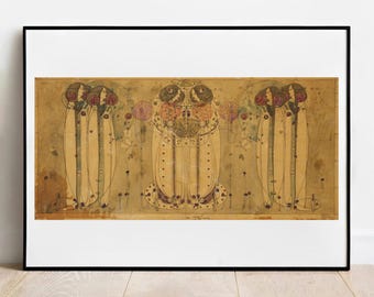 May include: A rectangular art print in a black frame featuring a symmetrical illustration of six figures in long, flowing tan robes with dark hair, holding pink flowers. The artwork has a warm, aged paper tone with delicate line work and circular motifs.