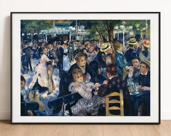 May include: A framed art print of an oil painting depicting a crowded outdoor dance scene with people in 19th-century attire. The composition features figures dancing, sitting at tables, and socializing under trees with hanging globe lights.