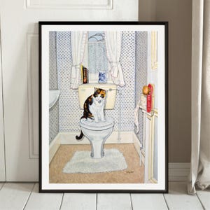 Galleria di stampe artistiche da parete con gatto Ditz Cat on the Loo, arte moderna, decorazioni per la casa