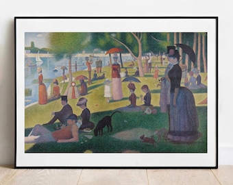 May include: A framed pointillist art print depicting a park scene by a river with numerous figures in period clothing, including people with parasols, top hats, and a black dog, rendered in a dense, stippled pattern of green, blue, and earth tones.