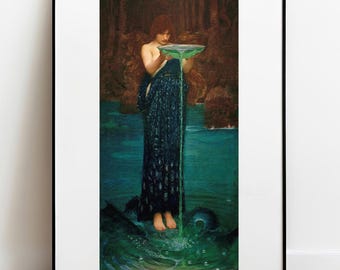 May include: A framed art print depicting a figure with auburn hair wearing a dark blue, patterned floor-length garment. The figure stands in dark water, holding a shallow bowl from which a stream of bright green liquid pours into the pool below.