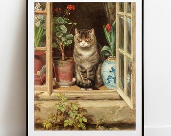 Hedley Cat in Cottage Window Art Print: Vintage Cat Poster