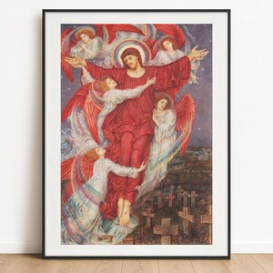 Può includere: Una stampa incorniciata raffigurante una figura centrale in tunica rossa con corona di spine, circondata da diversi angeli alati in vesti bianche su un cielo stellato scuro, sopra un campo di croci di legno.