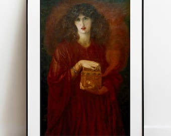 May include: A framed art print featuring a painting of a person with dark wavy hair wearing a deep red robe. The person holds a small, rectangular, metallic-toned box that emits a wispy, reddish-orange smoke against a dark, moody background.
