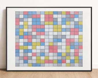 May include: A framed wall art print featuring a grid of small squares in a repeating pattern of white, light gray, soft pink, pale blue, and muted yellow colors. The artwork is enclosed in a thin black frame with a white mat border surrounding the print.