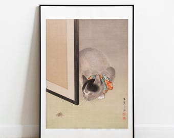 大出都光猫が蜘蛛を見ているプリント - 日本のヴィンテージ壁画