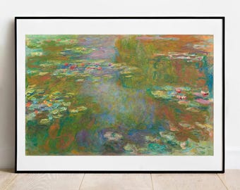 Puede incluir: Una impresión artística horizontal enmarcada que presenta una pintura impresionista de un estanque de nenúfares. La obra muestra pinceladas vibrantes en tonos verdes, azules, naranjas y rosas, representando nenúfares flotantes y reflejos.