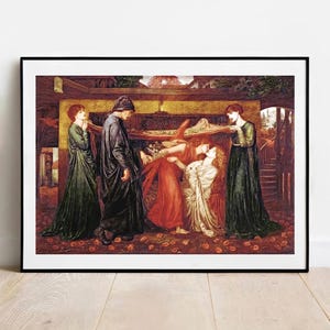 May include: A framed print of a Pre-Raphaelite painting depicting a dramatic scene. Figures in flowing robes of green, red, and white surround a central group. The artwork is set against a backdrop of warm, earthy tones, with scattered rose petals.