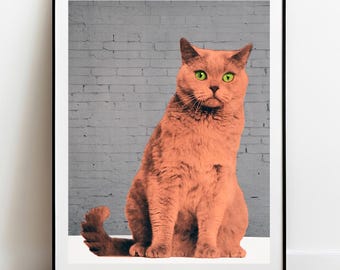 May include: A framed wall art print featuring a ginger cat with bright green eyes sitting in a forward-facing position. The cat is set against a grey brick wall background, and the entire image is enclosed within a simple black frame.