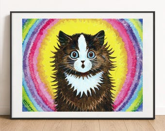 Lámina de Louis Wain - Gato en un arcoíris - Póster de arte felino psicodélico