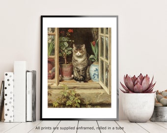 Hedley Cat in a Cottage Window wall art print gallery wall art poster vintage art print home decor
