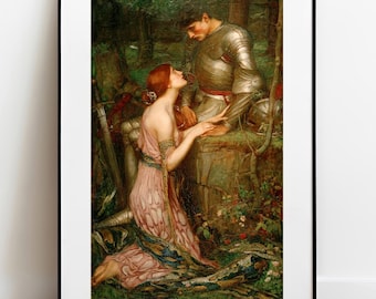 May include: A framed art print depicting a scene in a forest with a person in a long, pale pink dress kneeling before a figure wearing full silver plate armor. The knight sits on a stone ledge, and a sword rests against a tree in the background.