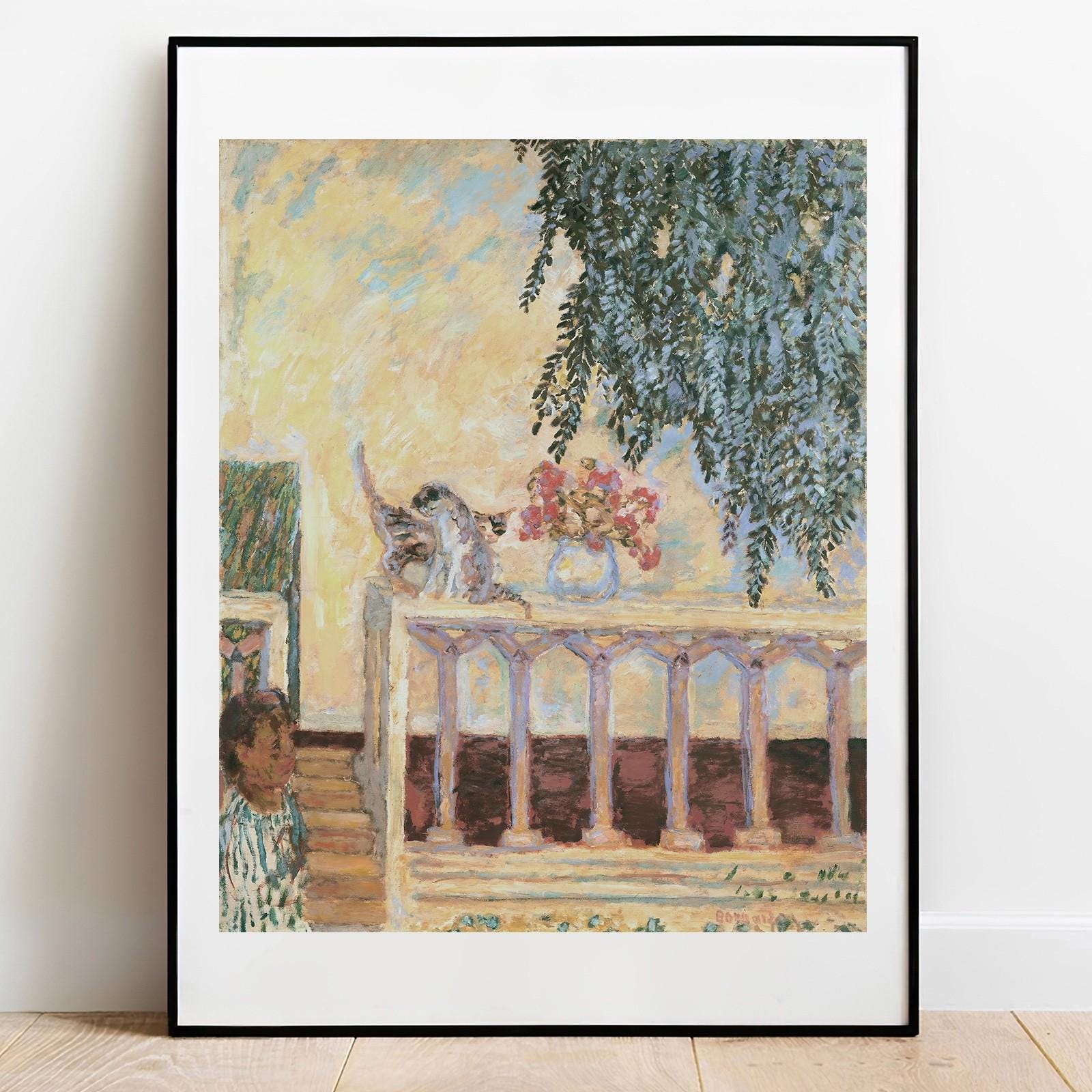 ボナール、欄干の猫、希少画集画、新品高級額、額装付、状態良好、油彩 風景 ボナール作「欄干の猫」アートプリント：ヴィンテージ猫ポスター