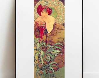 May include: A framed vertical art print featuring a person with reddish hair and a snake, resting their chin on a stylized red creature with a long tongue. The background includes a circular decorative pattern and green foliage at the bottom.