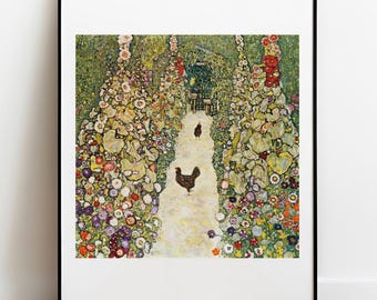 May include: A framed art print featuring a painting of a garden path flanked by tall, dense clusters of colorful flowers in shades of yellow, red, purple, and white. Two dark brown chickens are positioned on the light-colored path in the center.