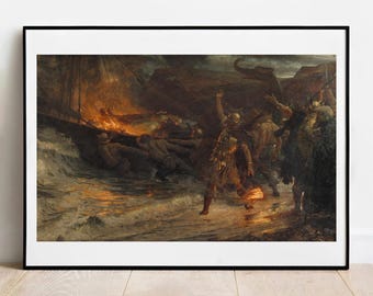 アートプリント「バイキングの葬儀」（サー・フランク・ディクシー作） - ヴィンテージジクレーポスター