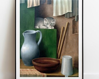 Schrimpf Still Life with Cat Print: Vintage Gallery Wall Art
