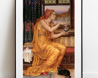 Cat Art Print: The Love Potion by Evelyn de Morgan Vintage Giclee Poster