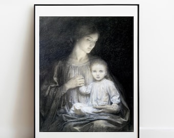 フランク・ディクシー作「母と子」の版画：ヴィンテージ・ラファエル前派美術