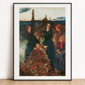 Könnte beinhalten: Ein gerahmter Kunstdruck, der vier Personen in einer Landschaft zeigt, die herabgefallenes Herbstlaub in einen großen Weidenkorb sammeln. Die Figuren tragen dunkle Kleider und Mäntel, ein Kind hält einen roten Apfel vor Abendhimmel.