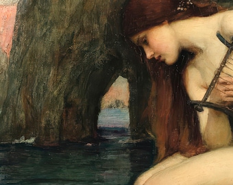 May include: An oil painting depicting a person with long auburn hair leaning against a dark rock formation near a body of water. The person holds a small stringed instrument, specifically a lyre, while looking toward the dark, cavernous opening.