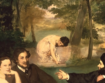 May include: An oil painting depicting two men in dark suits and a woman in the foreground, with a woman in a white garment bathing in a pond in the background. The scene is set in a wooded area with green foliage and trees under a soft light.
