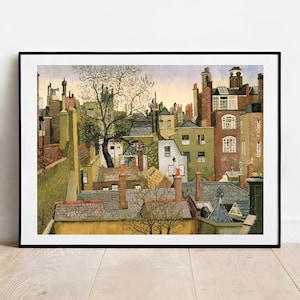 Op de afbeelding: Een ingelijst schilderij met een dicht stedelijk landschap van gebouwen met meerdere verdiepingen, diverse daklijnen, schoorstenen en ramen. Een grote, kale boom staat centraal tussen de bouwwerken tegen een bleke lucht in aardetinten.