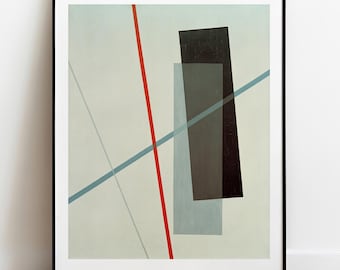 May include: A framed wall art print featuring a light gray background with a composition of geometric shapes. The design includes a vertical red line, a diagonal blue line, a thin gray line, and two overlapping dark gray rectangular forms.