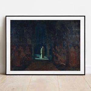 May include: A framed art print featuring a dark, moody landscape painting. A solitary figure in a light-coloured robe stands in the centre of a path surrounded by dark trees and shadowy, indistinct figures in reddish-brown tones under a night sky.