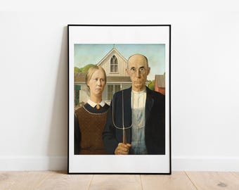 グラント・ウッド作「アメリカン・ゴシック」（有名な古典絵画の高