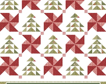 May include: A quilt pattern titled Peppermint & Pine by Maple Cottage Designs featuring a grid of alternating red pinwheel blocks and green triangle-based tree blocks on a white background, framed by a green border with small red accents.