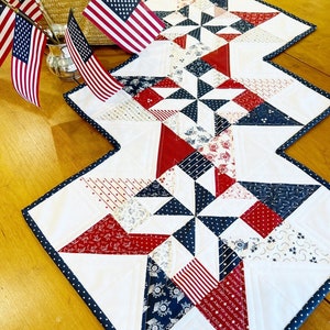 Puede incluir: Un camino de mesa blanco con un patrón de estrellas azules y rojas. El camino de mesa está ribeteado con un borde de lunares azul marino y blanco. El camino de mesa está hecho de tela y tiene un diseño acolchado.