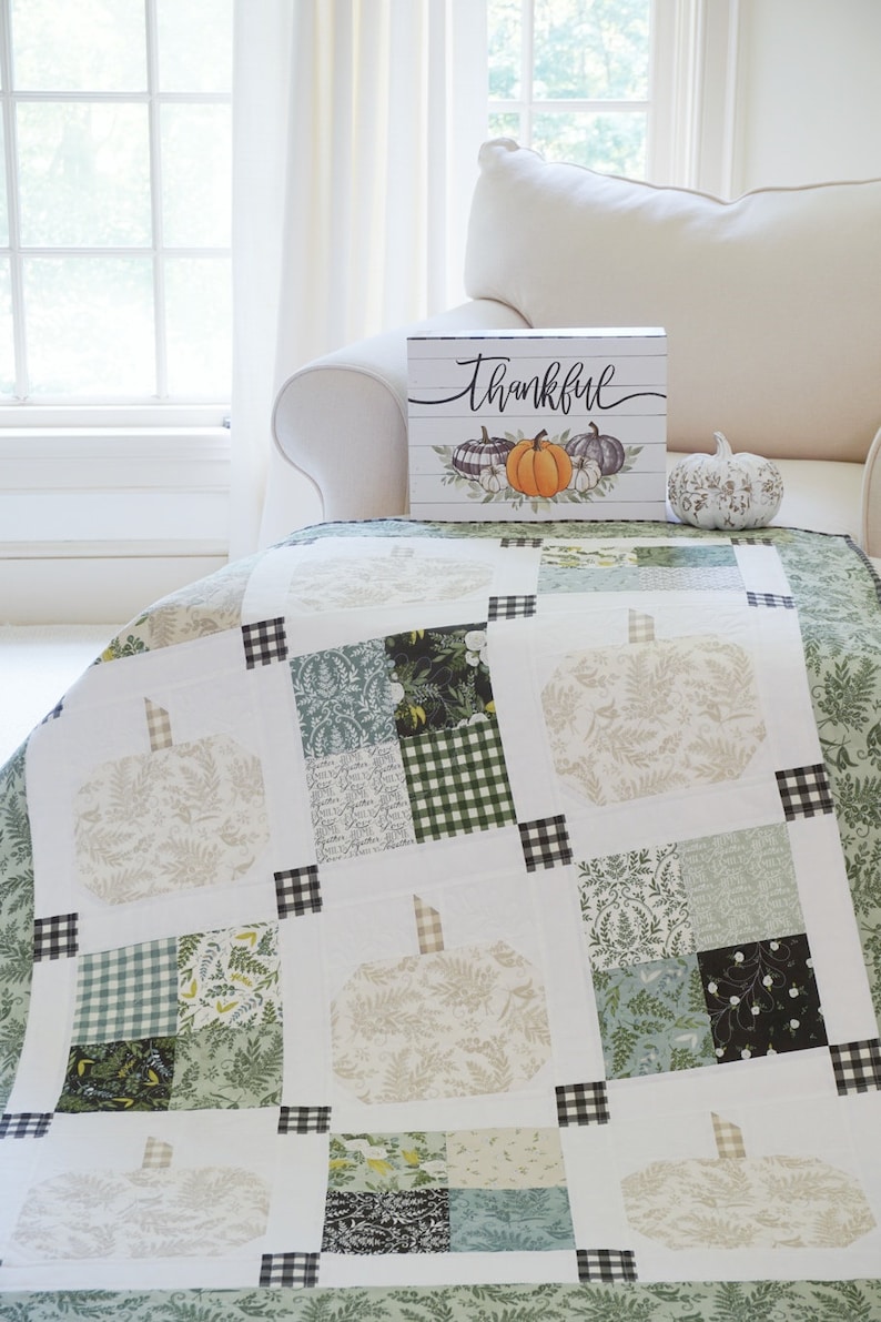 Pumpkin Quilt Pattern PDF Easy Quilt Patterns Fall Quilt Pattern with Pumpkins White Pumpkin Decor Farmhouse Quilt Pumpkin Patch image 2