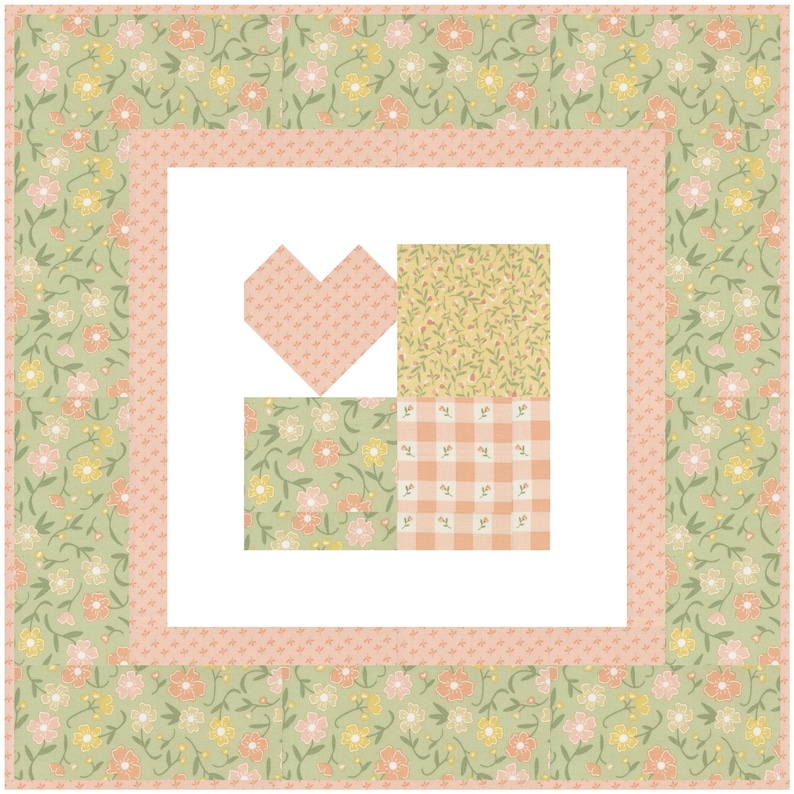 K&ouml;nnte beinhalten: Ein Patchwork-Quiltblock mit einem rosa Herz, gr&uuml;nem Blumenmuster, gelbem Blumenmuster und rosa-wei&szlig;em Karomuster. Der Block ist von einem gr&uuml;nen Blumenrand mit einem rosa Rand umgeben.