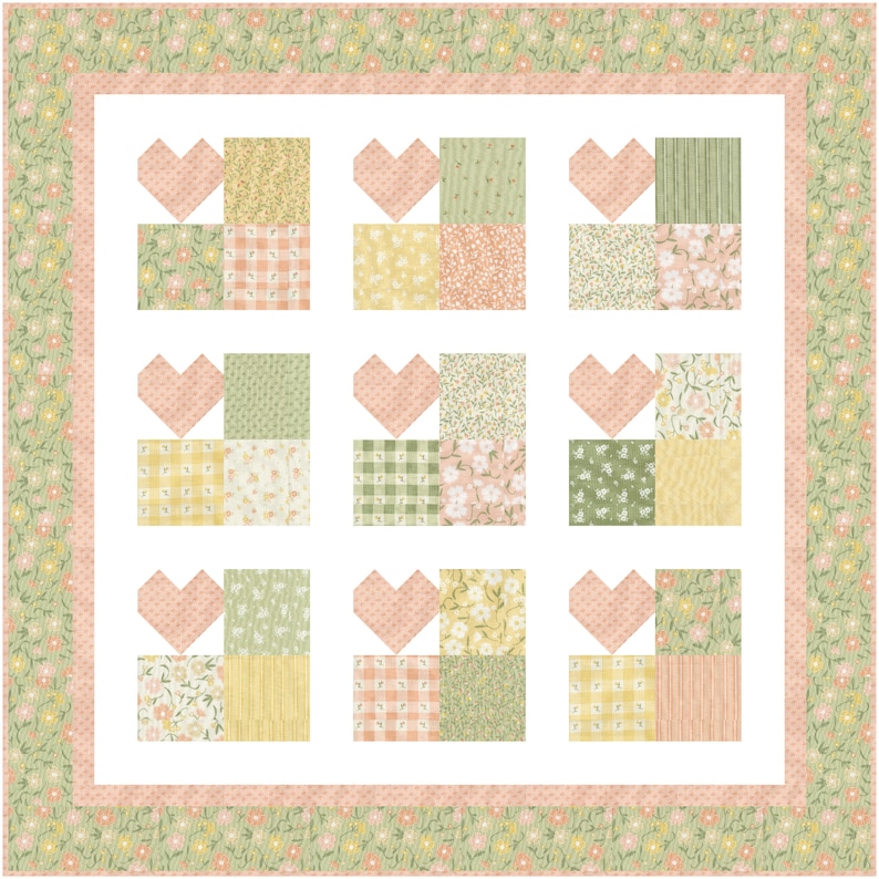 K&ouml;nnte beinhalten: Ein Quiltblockmuster mit einer Herzform in der Mitte jedes Blocks. Die Bl&ouml;cke bestehen aus verschiedenen floralen und karierten Stoffen in Rosa-, Gr&uuml;n- und Gelbt&ouml;nen.