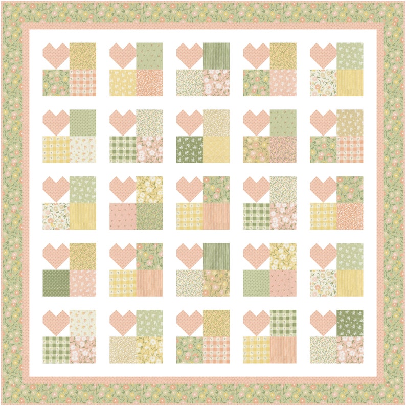 K&ouml;nnte beinhalten: Eine Quiltdecke mit Patchwork-Muster, das sich aus einem sich wiederholenden Muster aus rosa Herzen und Quadraten in Gr&uuml;n-, Gelb- und Rosat&ouml;nen zusammensetzt.