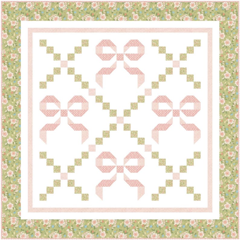 May include: A quilted blanket with a white background featuring pink bows and green and gold square accents. The border is a floral pattern in shades of green, pink, and white. The quilt has a classic, feminine design.