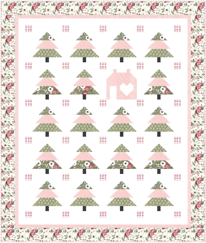 Puede incluir: Un fondo blanco con un dise&ntilde;o de colcha de retazos rosa y verde que presenta un patr&oacute;n repetitivo de &aacute;rboles de Navidad estilizados y una peque&ntilde;a casa con un coraz&oacute;n en el centro. La colcha est&aacute; rodeada por un borde floral.