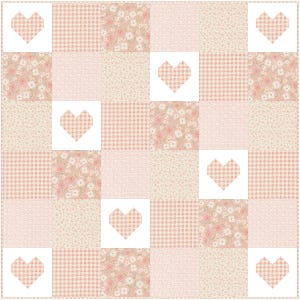 May include: A pink and white patchwork quilt with a checkered pattern and floral print. The quilt is made up of 9 squares with a white heart cutout in each square.