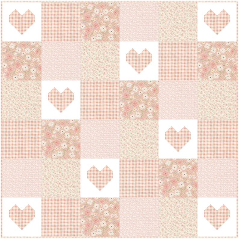 May include: A pink and white patchwork quilt with a checkered pattern and floral print. The quilt is made up of 9 squares with a white heart cutout in each square.