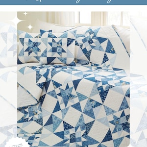 Peut inclure: Un mod&egrave;le de courtepointe pour une courtepointe bleue et blanche avec un motif d'&eacute;toile. Le mod&egrave;le s'appelle "Festival of Stars" et est compatible avec les quartiers gras. Le mod&egrave;le comprend quatre tailles.