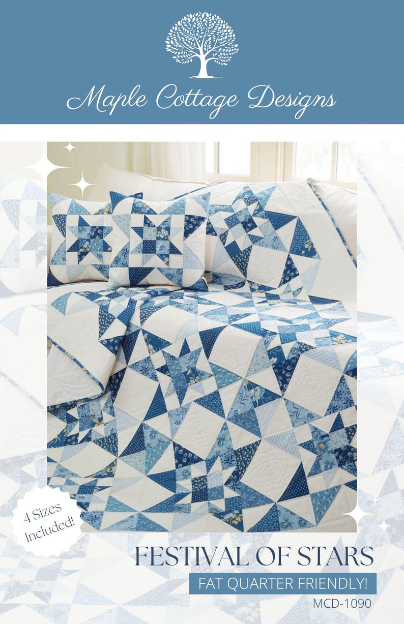 Peut inclure: Un mod&egrave;le de courtepointe pour une courtepointe bleue et blanche avec un motif d'&eacute;toile. Le mod&egrave;le s'appelle "Festival of Stars" et est compatible avec les quartiers gras. Le mod&egrave;le comprend quatre tailles.