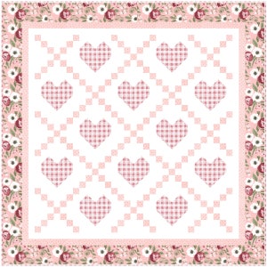 May include: A pink and white quilt with a checkered heart pattern. The quilt has a floral border with pink and white flowers.