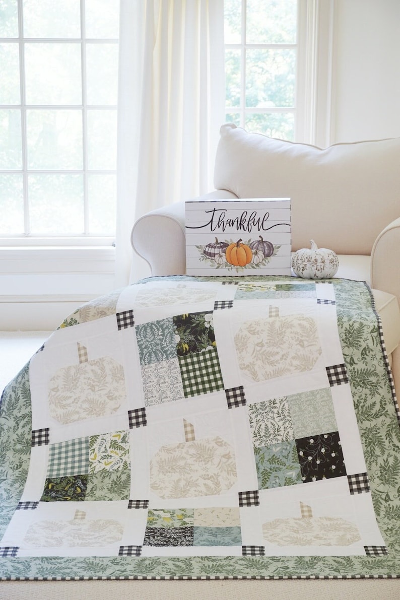 Pumpkin Quilt Pattern PDF Easy Quilt Patterns Fall Quilt Pattern with Pumpkins White Pumpkin Decor Farmhouse Quilt Pumpkin Patch image 1