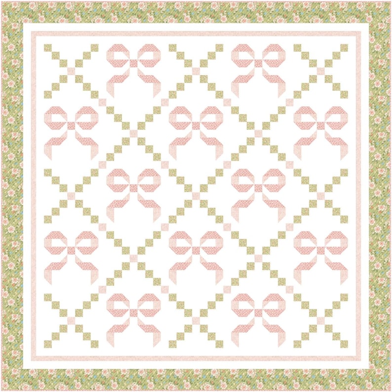 May include: A square quilt with a repeating pattern of pink bows on a white background. The bows are arranged in a diamond grid, with small green squares between them. The quilt has a floral border in shades of green and pink.