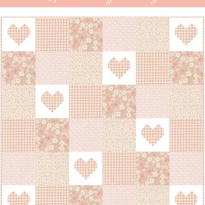 May include: A patchwork quilt pattern with a pink and white color scheme. The pattern features a grid of squares with different designs, including gingham, floral, and solid pink. The squares are accented with white heart shapes. The text "Patchwork of Love" and "5 sizes included!" is displayed at the bottom of the image.