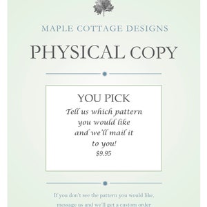 May include: A digital download listing for a physical copy of a pattern. The listing is for $9.95 and offers a custom order option.