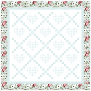 May include: A white quilt with a light blue checkered pattern and a border of red and white flowers. The quilt is made up of a series of hearts.